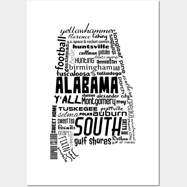 Alabama State Pride Word Cloud - Black Wall Art by YellowhammerSweetTees